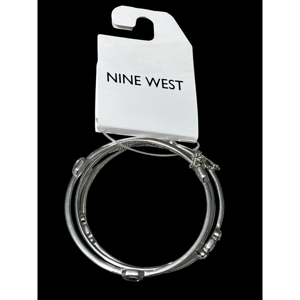 Nine West Silver-Tone 3-Piece Bangle Bracelet Set With Rhinestone Accents
